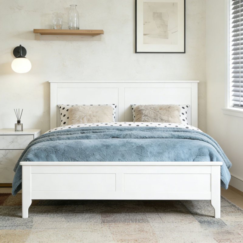 Modern Solid Wood Platform Bed, White, Queen