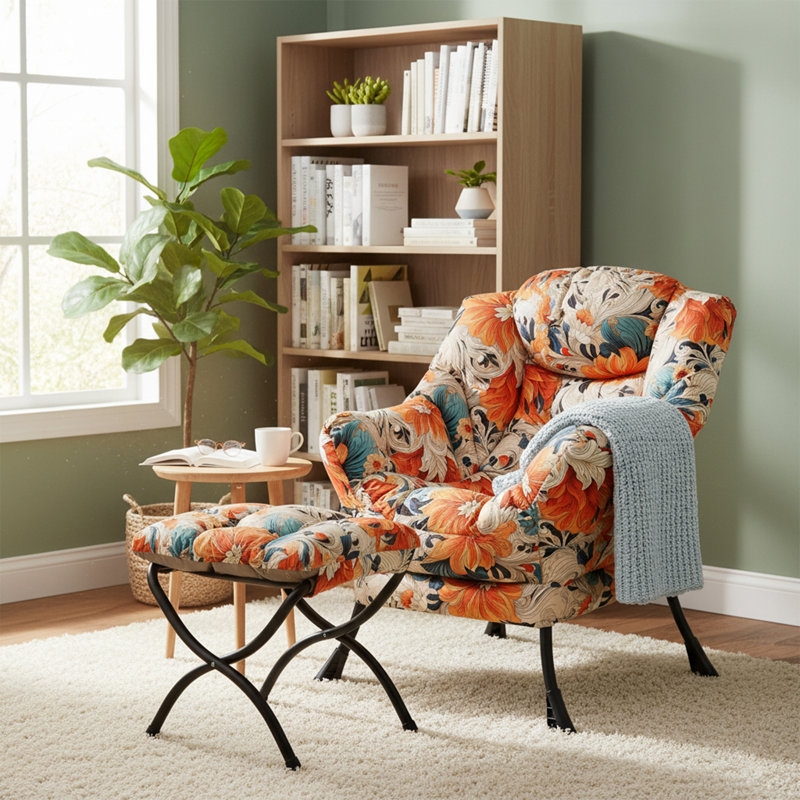 Fauteuil paresseux et rembourré Abramson, Imprimé de velours blanc, orange, bleu, Non