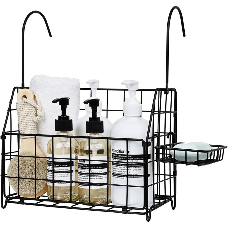 Grand panier de douche suspendu antirouille, en acier inoxydable 304, avec barre de fixation, pour shampoing, savon et accessoires de bain, noir.