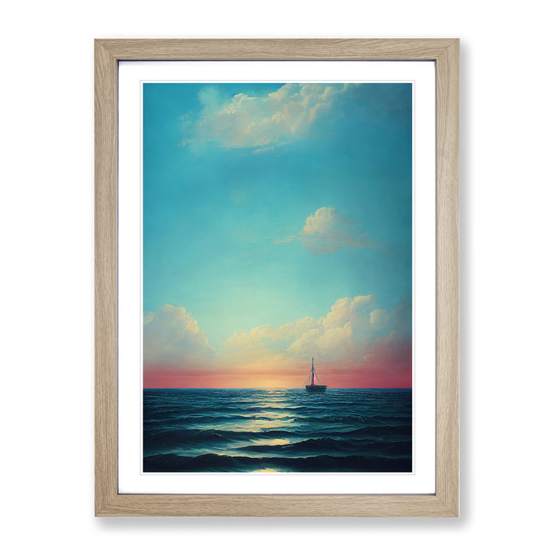 Boat Seascape - Print, 66cm H x 48cm W x 2cm D, Oak Framed, White