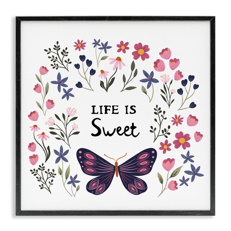 «Life Is Sweet Floral Butterfly», estampe numérique, conception par JJ Design House LLC, Giclée encadrée noir minuit
