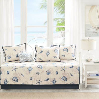 Ensemble de housse de lit de jour en microfibre bleu, réversible 6 pièces, taille simple, housse de 17 po, 15 taies décoratives, 3 taies décoratives, 1 coussin décoratif, décor de salon Coastal Vibe, lavable à la machine réversible, imprimé, 6