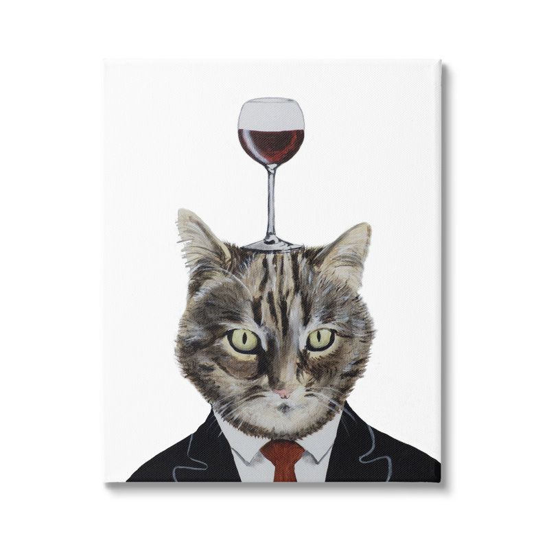 Chat dans un verre à vin - peinture sur toile tendue, H 20 po x l 16 po x P 1,5 po