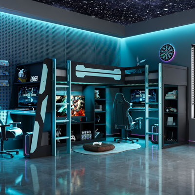L-Shaped Twin Gaming Bed Frame with RGB LED, USB Ports, TV Stand & Storage Shelves, Space-Saving Loft Bed & Adults-Blue