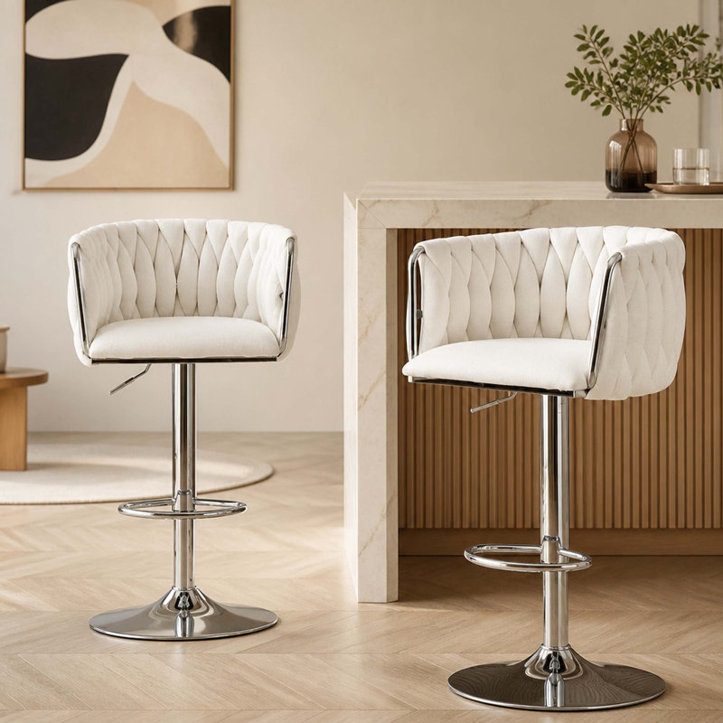 Ensemble de 2 tabourets de bar pivotants réglables avec housse en tissu, dossier tissé et repose-pieds, Beige