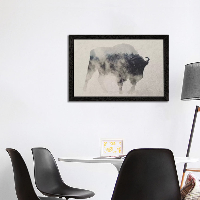 Bison In The Fog by Andreas Lie - Print on Canvas, 66.04 cm H x 45.72 cm W, Black Floater Framed