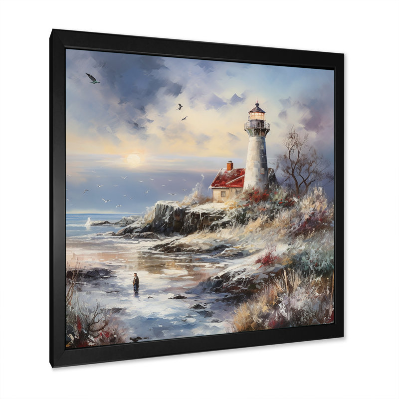 Charme de phare côtier en hiver, H 16 po x l 16 po x P 1 po, Cadre simple noir