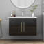 Meuble-lavabo mural noir lustré de 30 pouces avec lavabo en céramique intégré, double rangement à fermeture en douceur et décorations dorées élégantes, conçu pour les salles de bain modernes peu encombrantes avec installation facile pour une mise à niveau complète