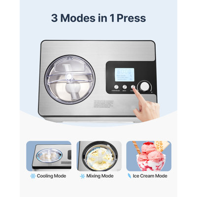 Sorbetière automatique avec compresseur intégré, 2 litres, yaourtière aux fruits sans précongélation, 3 modes de préparation, écran ACL et minuterie, sorbetière électrique en acier inoxydable, argent.