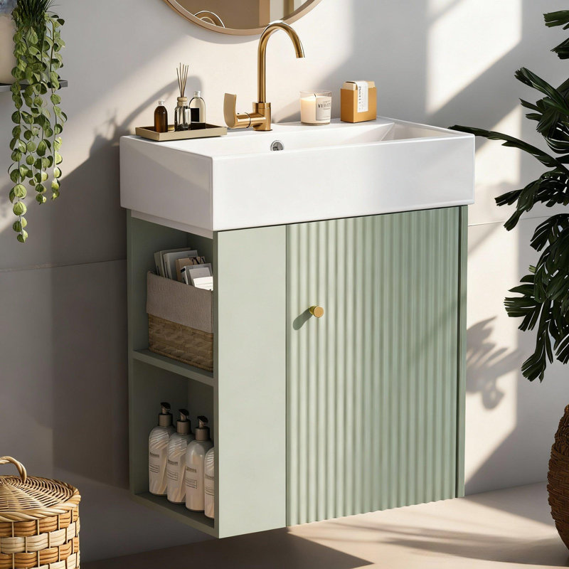 Mircea Kael 21.6 Inch Floating Bathroom Vanity, Ceramic Basin, Left Side Storage, 21.6, Green