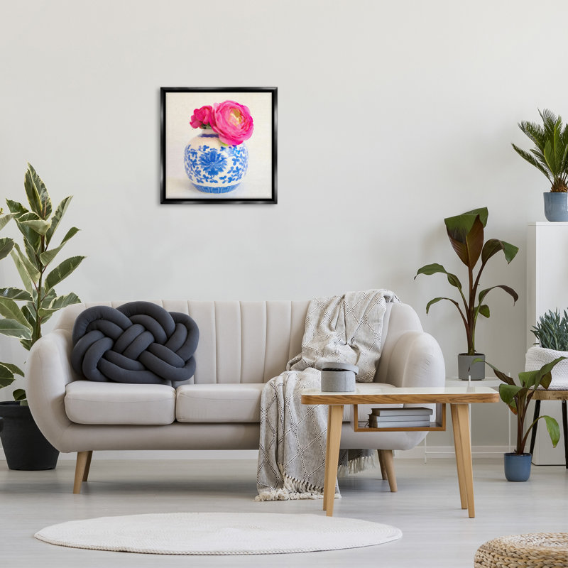 "Cadre fleuri et vase flottant rose" sur, H 25 po x l 25 po, Cadre flottant noir de jais