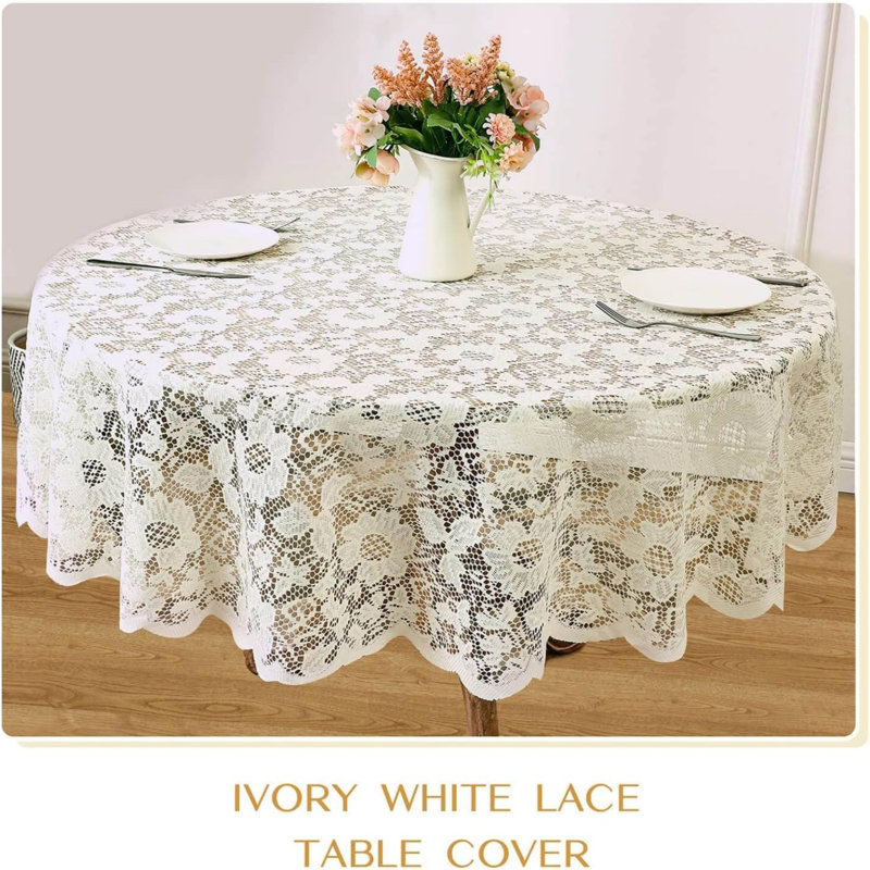 Round Lace Tablecloth 60 Inches, Ivory Vintage Embroidered Floral Crochet Table Cover