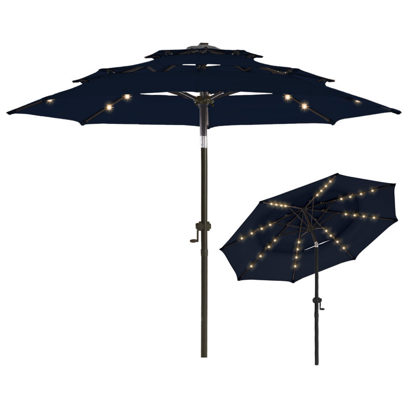 Parasol de marché solaire à 3 niveaux avec éclairage à bouton-poussoir, Marine, H 100 po x l 108 po x P 108 po