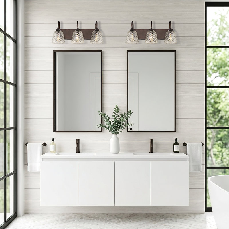 3-Light Dimmable Vanity Light With Geometric Patterned Glass, Bronze frotté à l'huile
