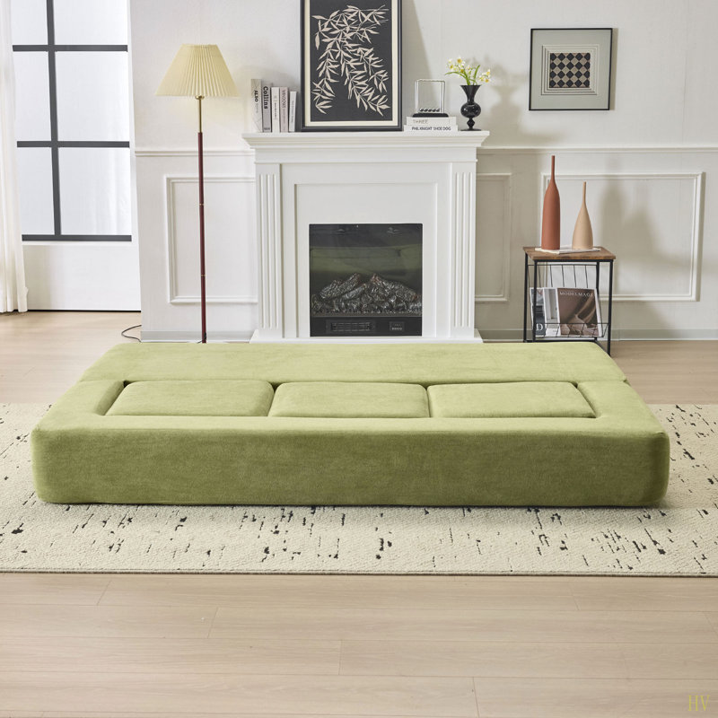 Canapé modulaire convertible avec 3 repose-pieds Ebern Designs - Lit en mousse haute rebond, canapé en chenille peu encombrant pour les studios et les bureaux à domicile.