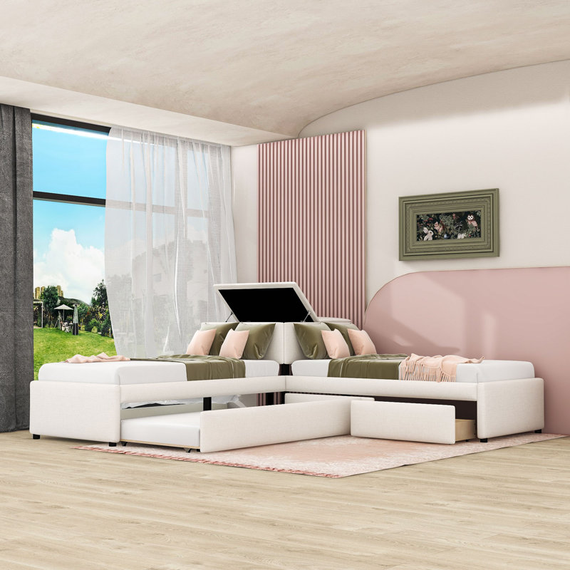 Lit plateforme simple tapissier en forme de L avec lit gigogne et 2 tiroirs