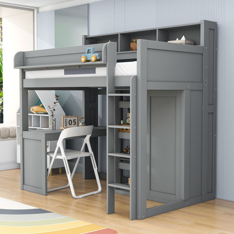 Lit mezzanine simple en bois avec bureau intégré, armoire et tablettes, Gris