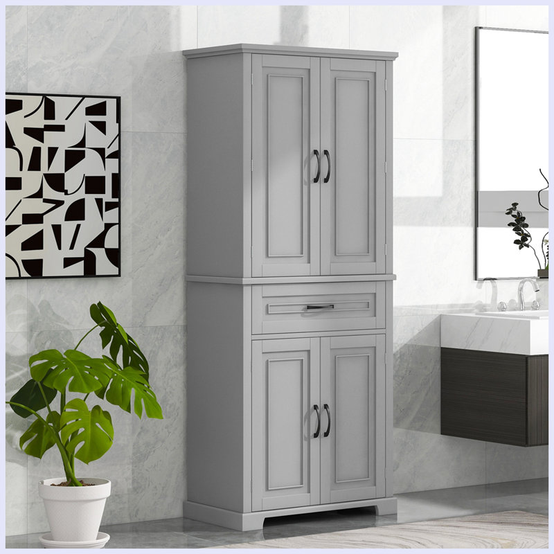 Armoire de rangement pour salle de bain avec portes et tiroir, plusieurs espaces de rangement, tablette réglable, Gris