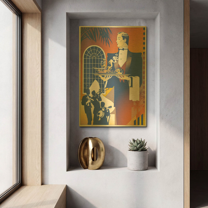 «Band and Waiter» par David Chestnutt, art mural en métal doré, 12 po x 16 po, 12 po x 16 po