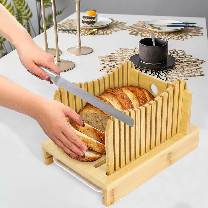 Bamboo Bread Slicer For Homemade Bread With Serrated Knife & Crumb Tray - Foldable Compact Bread Cutting Guide, Adjustable Bread Slicer, Bamboo Bread Cutter For Homemade Bread, Cakes, Bagels