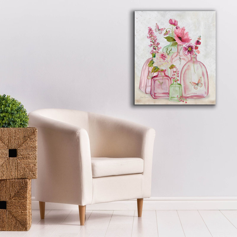  «Pink Bottles A» par Jean Plout, art mural sur toile, H 30 po x l 26 po x P 1,5 po