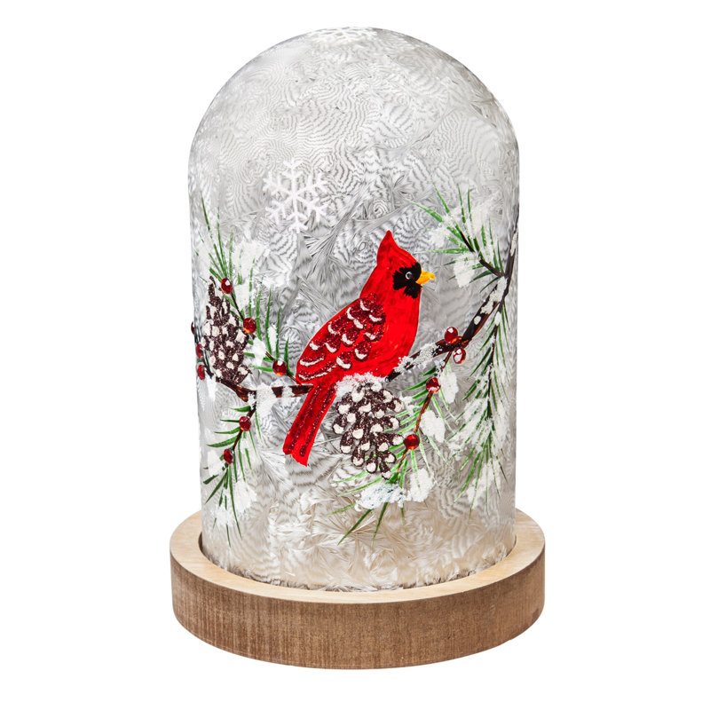 Cloche à del cardinal et pommes pin à del en verre peint à la main