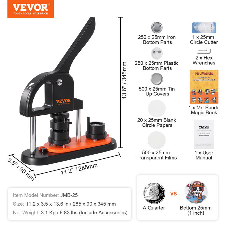 Machine à boutons, fabricant de broches 0,98 pouce / 25 mm avec 500 pièces de boutons, fabricant de boutons avec livre de panda magique, trousse de poinçonnage ergonomique pour enfants, cadeaux de bricolage et de Noël