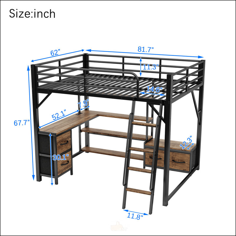 Grand lit mezzanine avec bureau et DEL, Grand lit