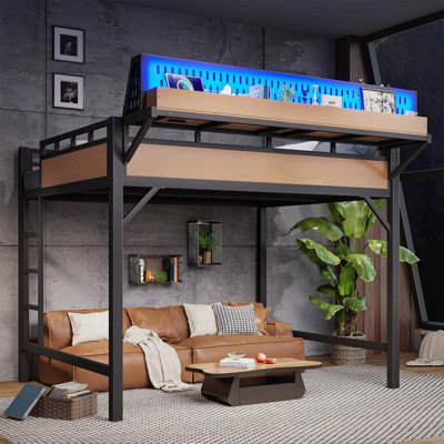 Structure de lit mezzanine en métal pour grand lit avec rangement, ports USB et lumières DEL pour une vie sécuritaire et efficace