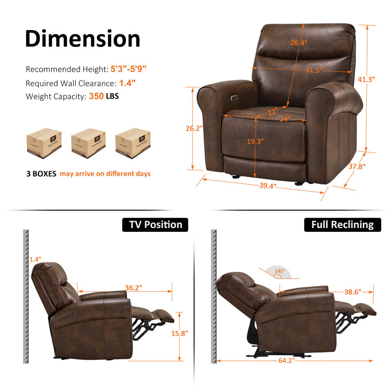 zero clearance recliner  Power Recliner for Small Space RV Living Room with Rolled Arm, Faux Leather, Dark Brown Faux Leather