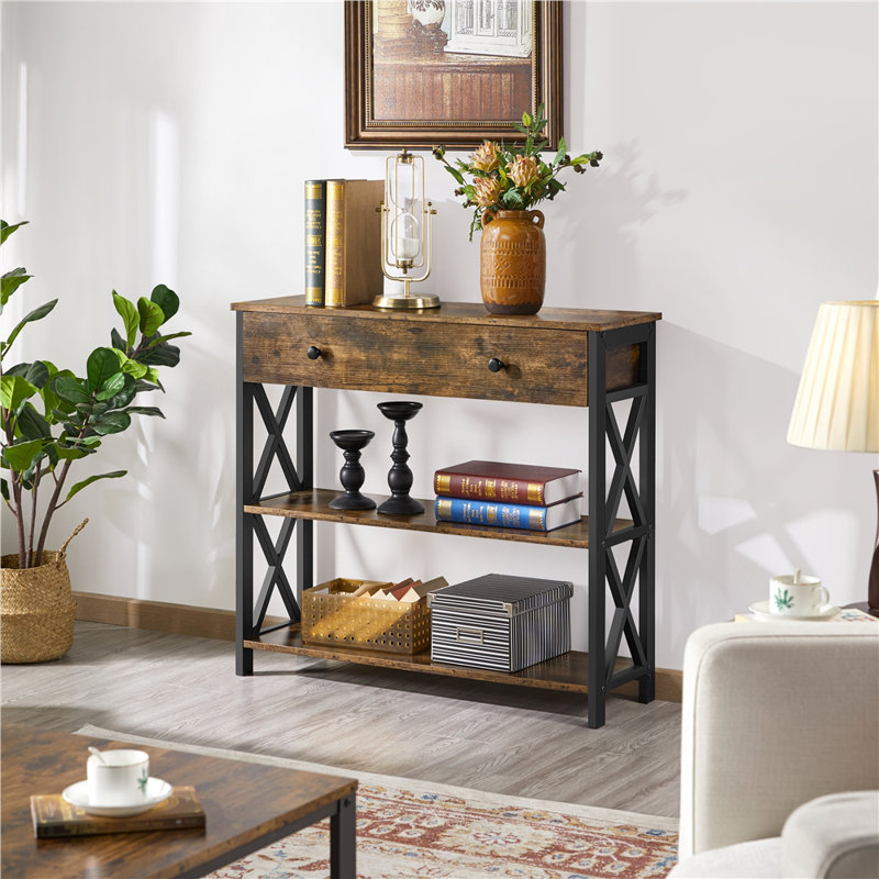 80cm Console Table with 1 Drawer and 2 Open Shelves, Rustic Brown