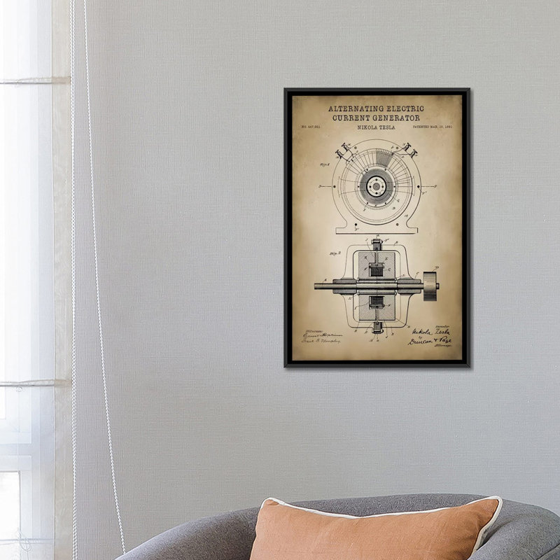 « tesla alternating electric courant generator, beige », impression sur toile, H 26 po x l 18 po x P 1,5 po, Pas de tapis
