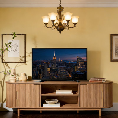 Modern Curved TV Stand With Sliding Door And Adjustable Shelf, TV Stand With Power Cord Management Notch
