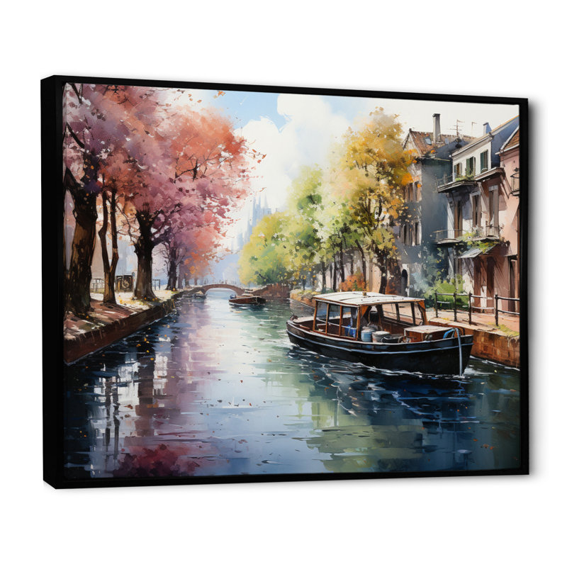 Green Canal Waterway Pointillismpointillism - Impression, Cadre flottant noir, H 30 po x l 40 po x P 1,5 po
