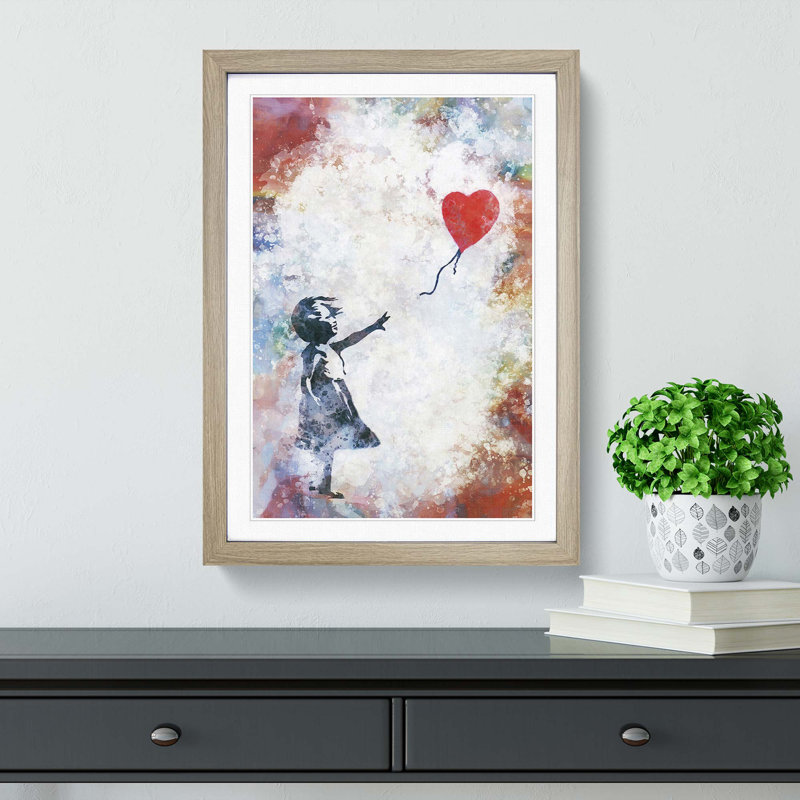 The Girl With A Red Balloon In Abstract by Banksy - Single Picture Frame Print on MDF, 50cm H x 35cm W x 2cm D, Oak Framed