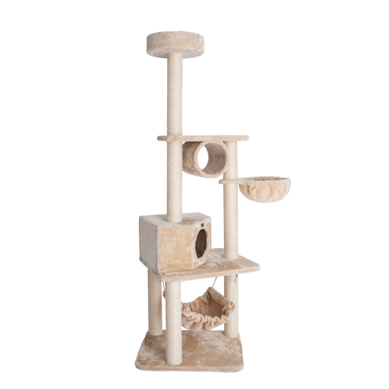Beige Multi-Level Faux Fur Cat Tree with Sisal Posts