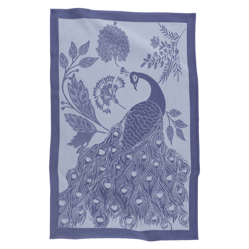 Set of 2 Blue Jacquard Kitchen Towels with Peacock Design