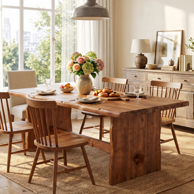 63" Solid Wood Dining Table, Live Edge Rectangular Kitchen Table with Sturdy Panel Legs, Large Farmhouse Dinner Table for 4-6 People for Dining Room
