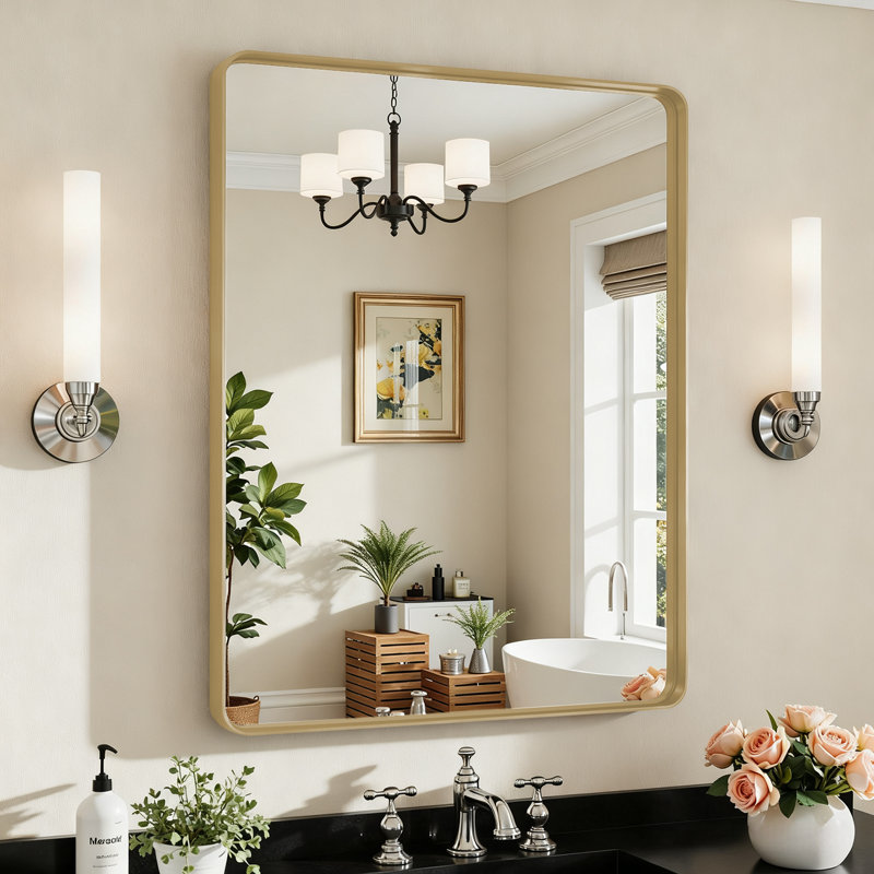 Lunara 1.18" Deep Rounded Corner Rectangular Bathroom Wall Mirror with Premium Tempered Glass & Aluminum Alloy Framed, Gold