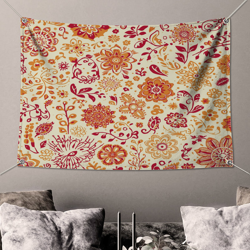 Tapisserie murale à motif floral complexe - décoration murale florale, 50 po H x 60 po L avec 4 œillets