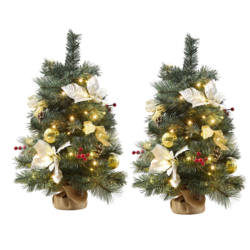 Ensemble de 2 mini sapins de Noël artificiels de 24 po / 2 pi avec 35 lumières, boules de Noël, arc, pommes de pin, minuterie à piles, décorations de Noël pour la maison