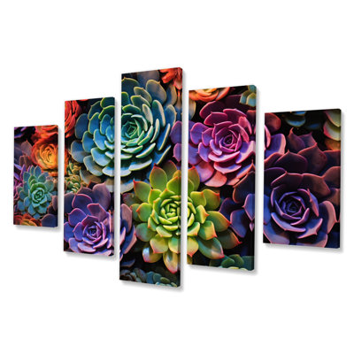 Green Blue Succulents Abstract Succulents - Floral Canvas Wall Art - 5 Panels