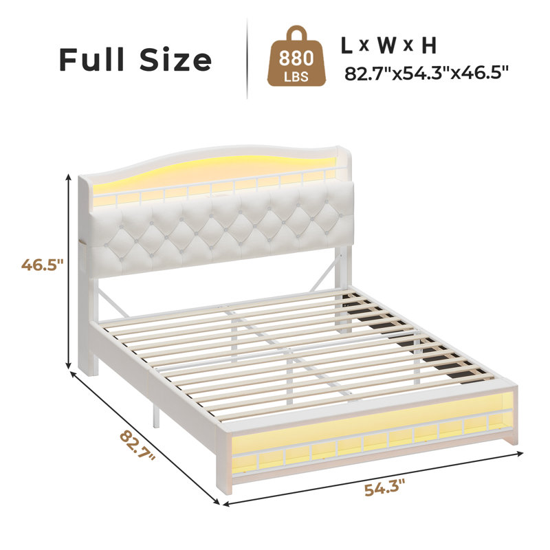 Princess Bed Frame With Led Lights And Charging Station, Velvet Upholstered Platform Bed With Headboard & Guardrail & Crystal Button