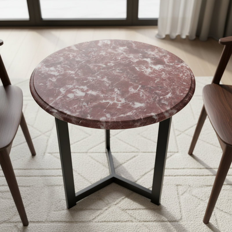 Round Onyx Marble Side Table – 20” Diameter, 24” Height – Pink Marble Top with Black Metal Base – Modern Accent End Table for Living Room & Bedroom