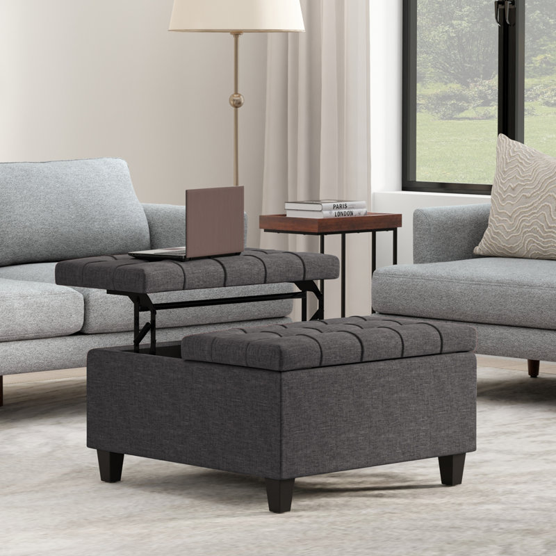Repose-pieds carré avec rangement caché Harrison, Tissu aspect lin gris foncé