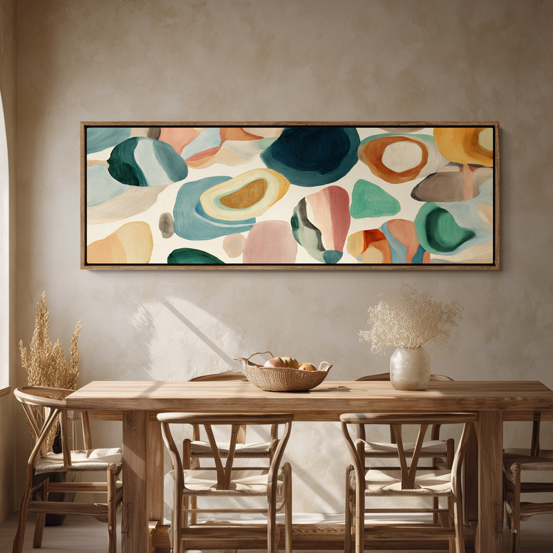 Framed Canvas Wall Art - Colourful Abstract Pebble Shapes in Neutral Tones - 16"x24", 24"x36", H 20 po x l 60 po, Naturel
