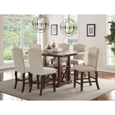 Classic Contemporary 7Pc Counter Height Dining Set Cherry Finish Dining Table W Butterfly Leaf 6X High Chairs Cushion Seats Nailhead Upholstered Chair
