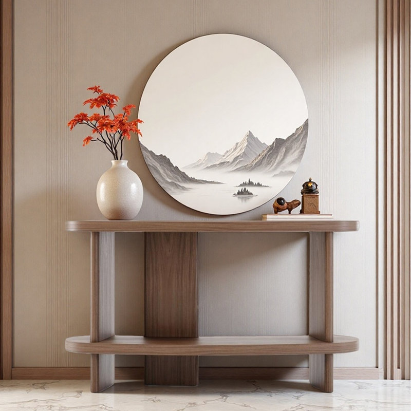 Console Mid-Century moderne en bois massif, H 33,5 po x l 47,2 po x P 13,8 po, Noyer clair