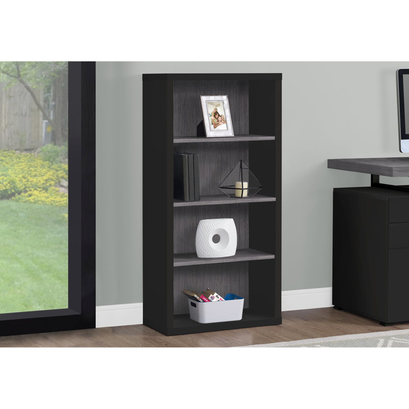 Bibliothèque à 5 niveaux, finition noire et grise, rangement de chambre à coucher de bureau moderne, bibliothèque spacieuse et fonctionnelle en gris, look pour chambre à coucher, tablettes de rangement réglables