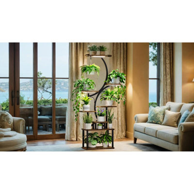 Support pour plante d'intérieur en métal à 8 niveaux avec lumières de croissance - 62 po de hauteur, en forme de S, noir, assemblage rapide et facile, mobilité pour les soins, maison et patio